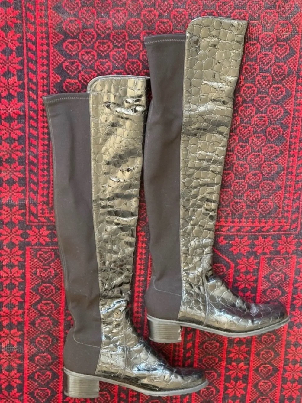 Stuart Weitzman Croc Mock Over-the-Knee Boots Black Size 6.5